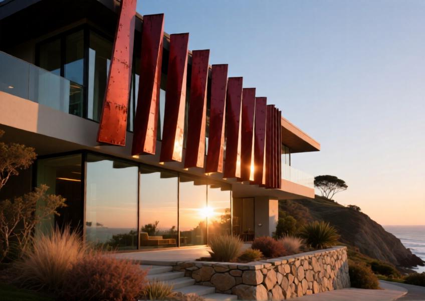 Terracotta red powder-coated aluminum fins on a hillside villa create rhythmic shading and shadow patterns at sunset.