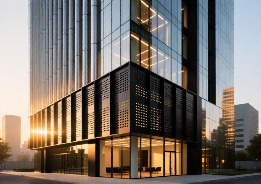 Modern high-rise with matte black perforated aluminum cladding casting dynamic light patterns at sunset.