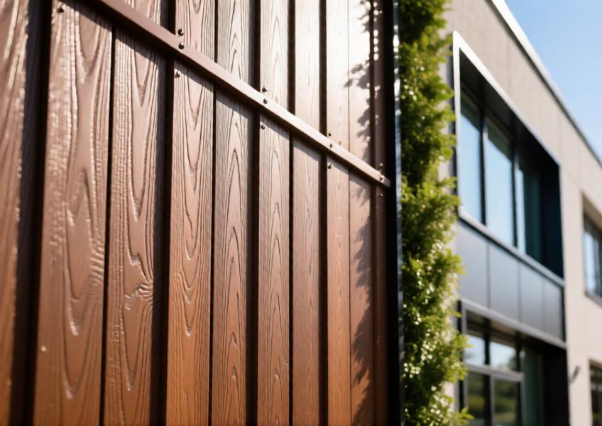 Close-up of chestnut brown aluminum cladding with realistic wood texture on a contemporary commercial building.