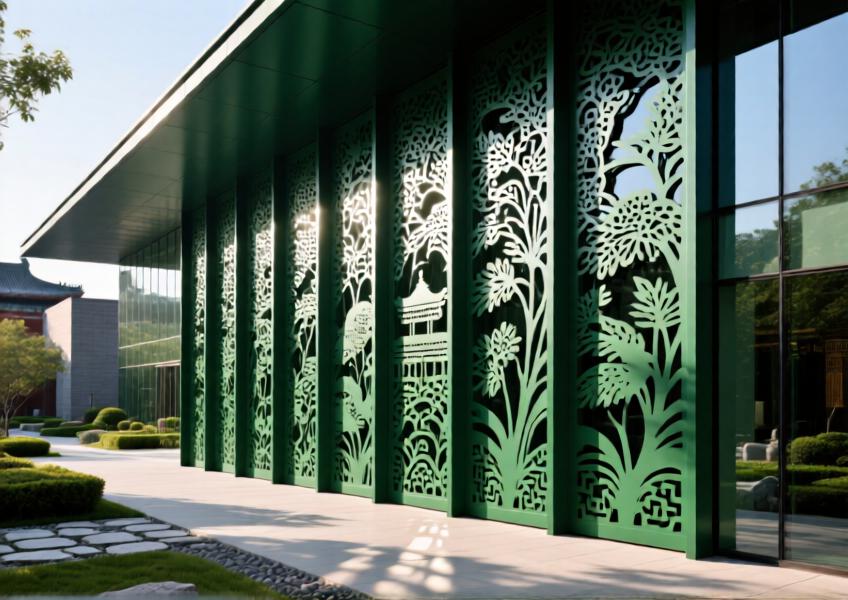 Cultural center with intricately patterned forest green aluminum facade casting artistic shadows in sunlight.