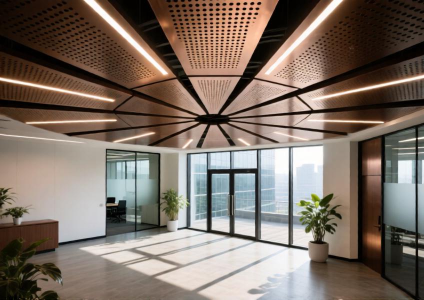 Interior office lobby with anodized bronze perforated aluminum ceiling panels providing acoustic and visual harmony.