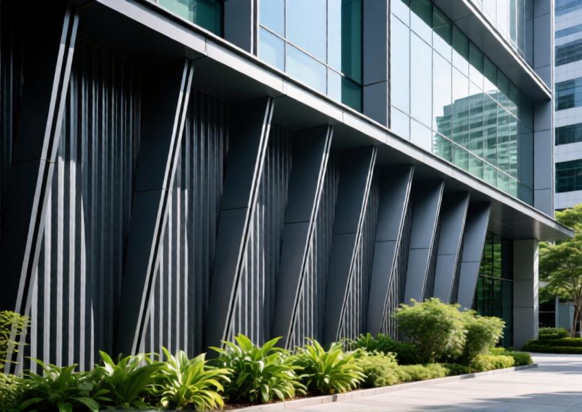Close-up of charcoal gray cladded aluminum shading fins on a tropical commercial façade