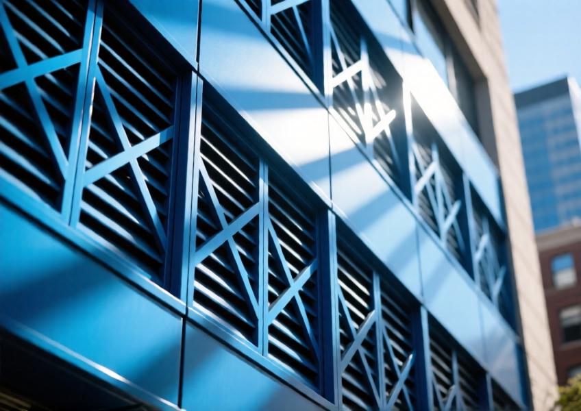 Close-up of anodized blue aluminum louvers creating intricate light and shadow patterns on a modern urban facade.