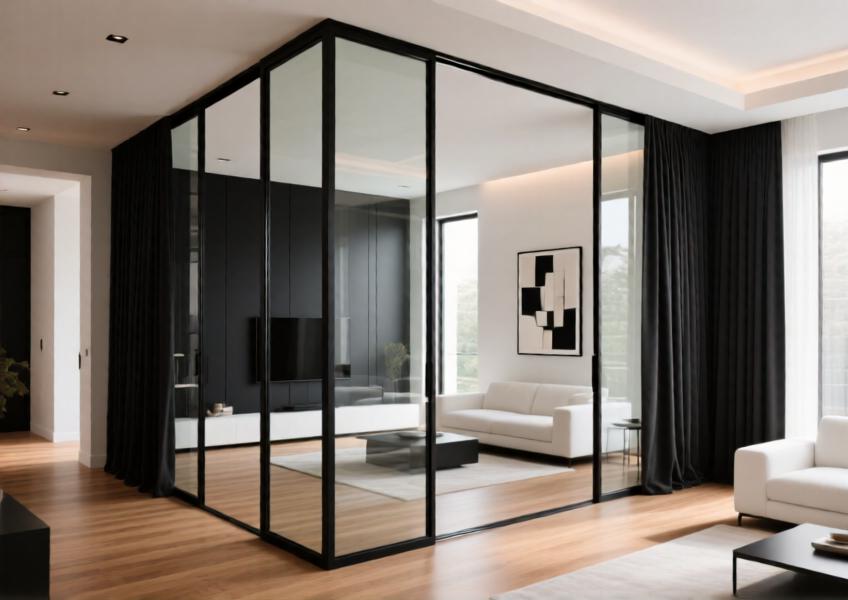 Matte black aluminum curtain walls used as stylish interior partitions in a luxurious modern villa