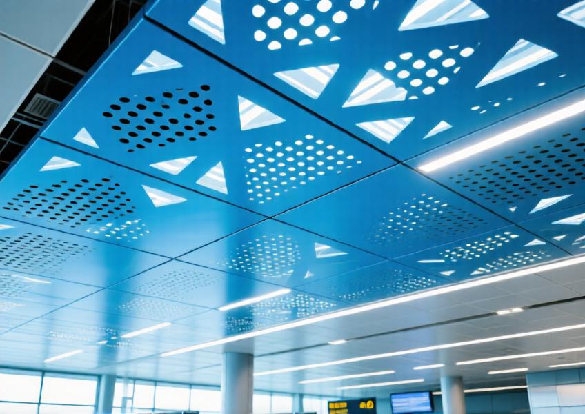 Anodized blue perforated aluminum ceiling with integrated lighting in an airport terminal