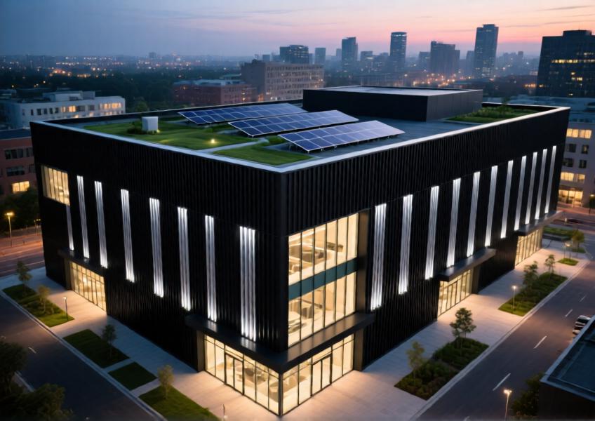 Dusk aerial shot of a commercial building with matte black aluminium rainscreen, highlighting urban integration and sustainable design elements.