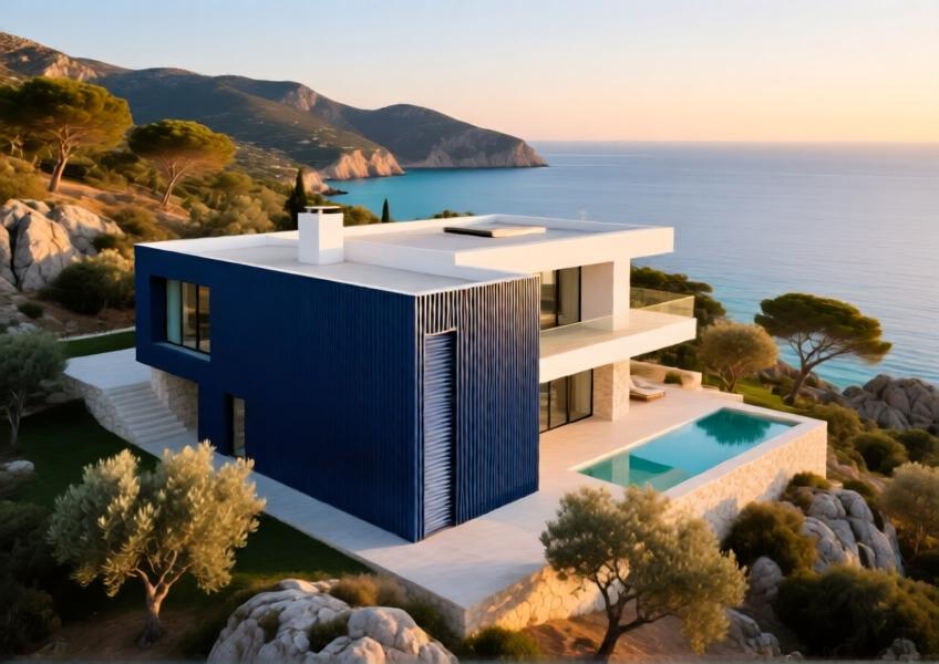 Luxury Mediterranean villa with matte navy blue aluminum cassette panels on a modern extension, seen from above at golden hour