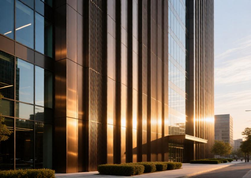 Bronze anodized aluminum cladding on a modern high-rise during golden hour, showcasing warmth and texture.