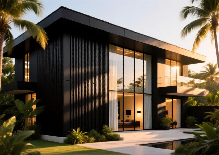 Luxury villa showcasing matte black aluminum cladding paired with glass curtain walls in a tropical setting at sunset.