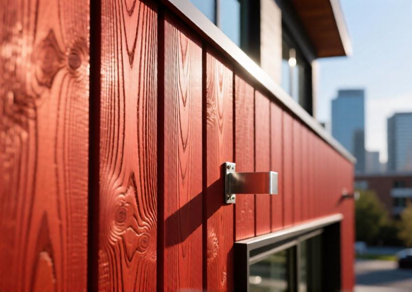 Close-up of terracotta red knotwood aluminium cladding showing wood-like texture and matte finish under angled sunlight on a modern commercial façade.