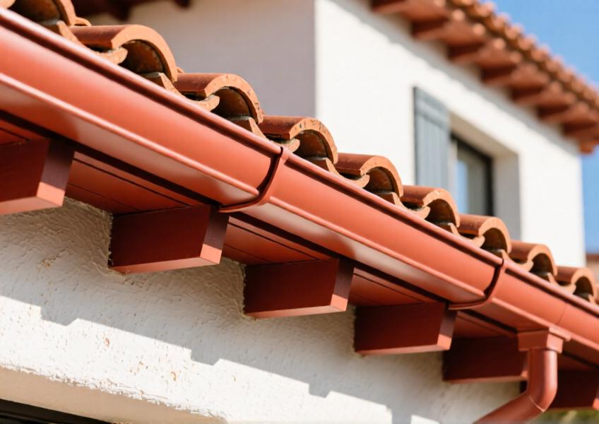 Detailed view of terracotta-red powder-coated aluminium eaves cladding on a Mediterranean-style luxury home, emphasizing finish and integration.