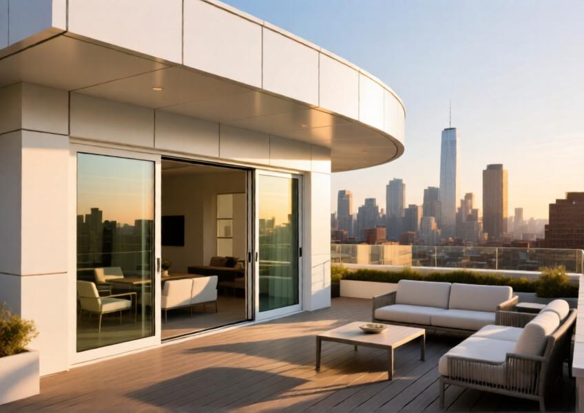 Rooftop terrace with matte white aluminium cladding at golden hour, combining comfort and modern design.