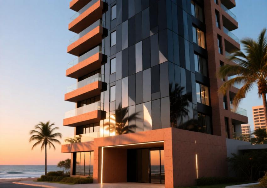 High-end coastal residence with anodized black aluminum cladding, emphasizing texture and light interaction at sunset.
