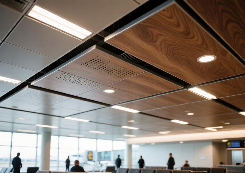 Interior of a public space with wood-effect aluminum ceiling panels combining aesthetic warmth and functional design.