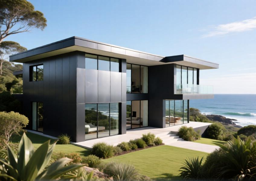 Luxury coastal villa with durable dark charcoal grey aluminium cladding designed for resilience and modern elegance