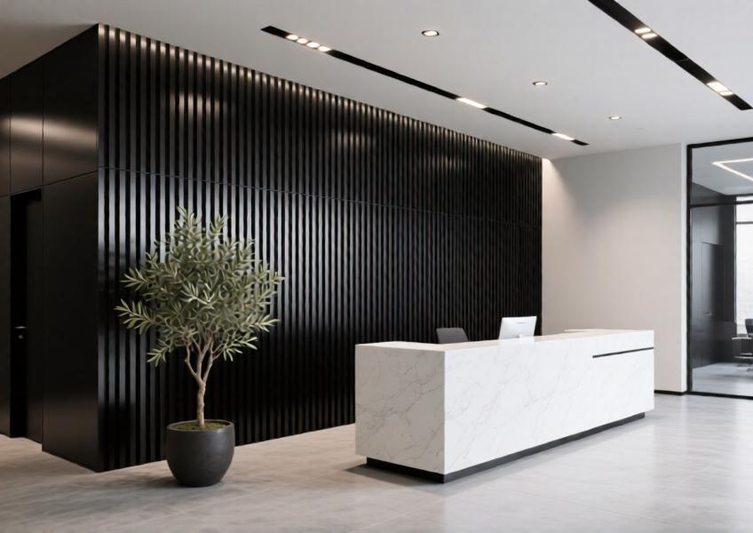 Modern office lobby with matte black aluminum wall cladding creating a bold, elegant accent wall.