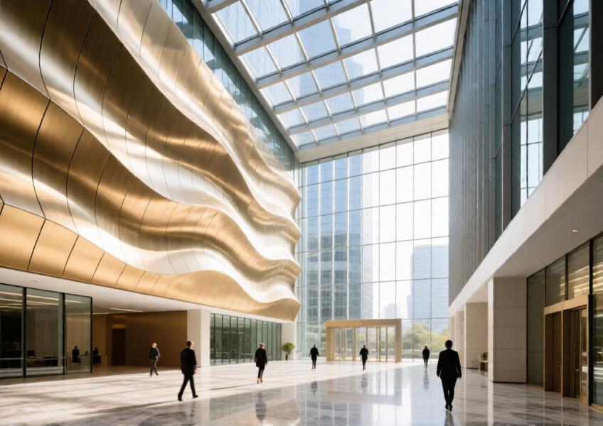 Luxury atrium with champagne gold aluminum ceiling integrated into curtain wall system, filled with natural light.