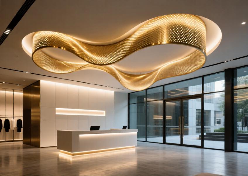 Interior retail space with curved brushed gold aluminum mesh ceiling integrated with ambient lighting.