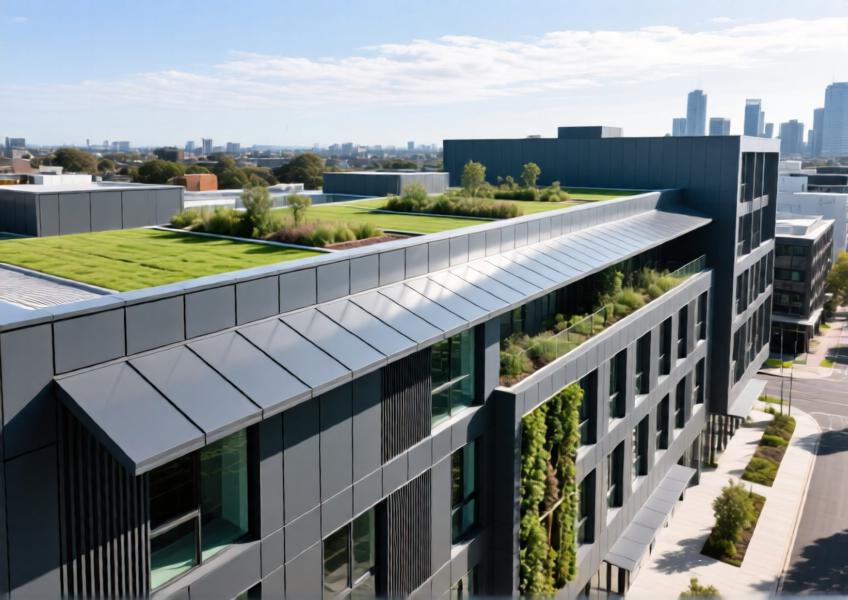 Aerial view of a renovated urban mixed-use building with charcoal-grey aluminium eaves cladding contributing to a unified, energy-efficient exterior design.