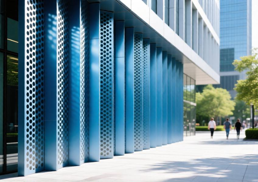 Modern commercial façade with anodized blue perforated aluminum curtain wall casting intricate shadows in daylight.