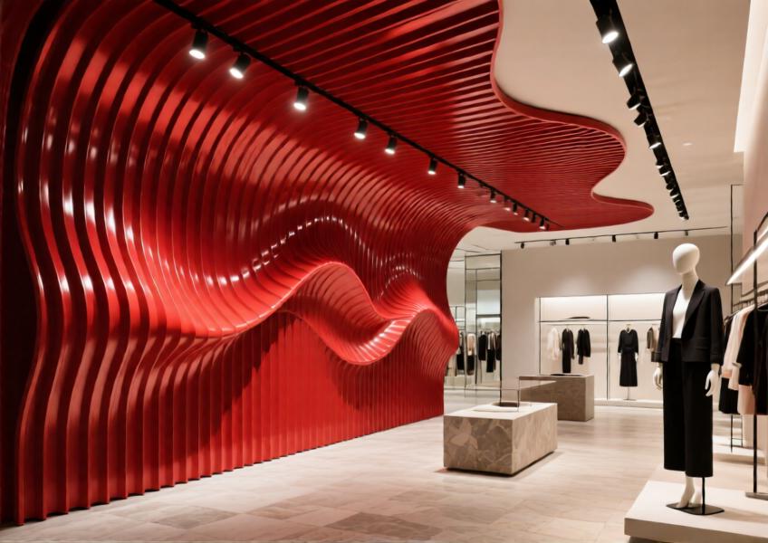 Upscale retail interior with vibrant red matte aluminum ceiling panels in a wave pattern, adding dynamic form and modern elegance to the shopping environment.