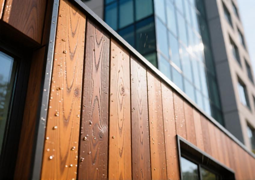 Close-up of warm walnut-colored aluminium cladding with realistic wood-grain texture and weathering details.