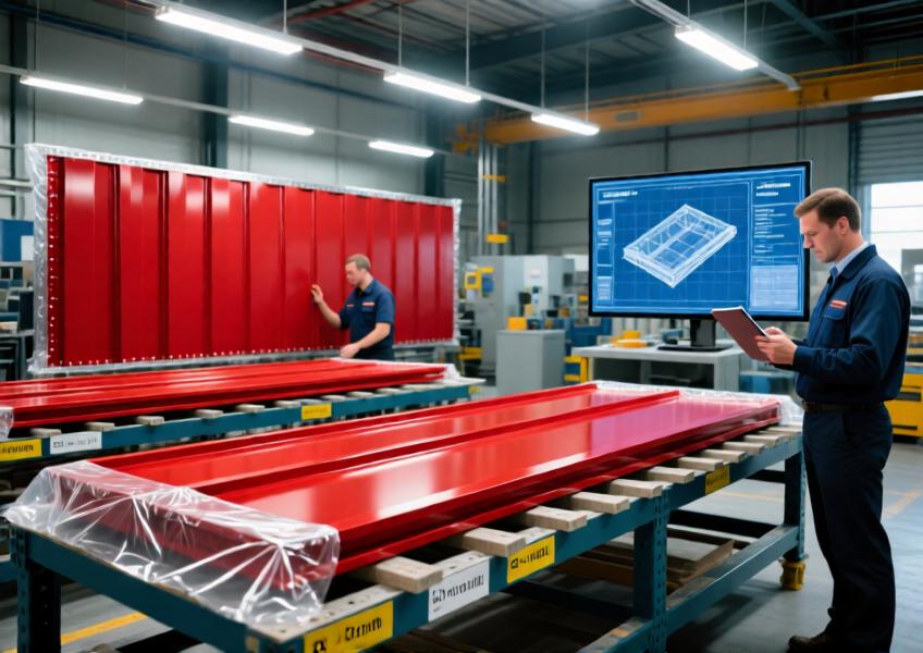 Interior of a fabrication plant showing production of vibrant red aluminum wall panels, highlighting customization and technical detail.