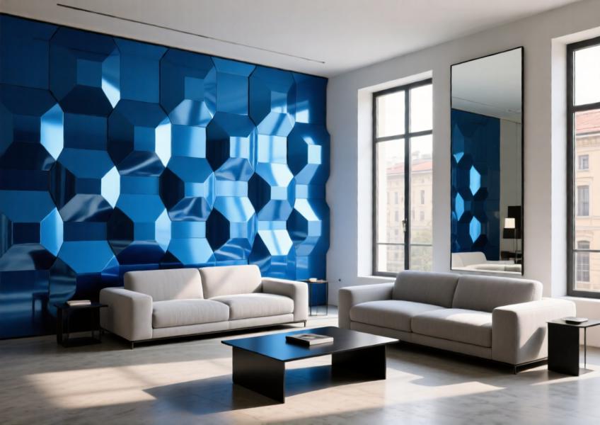 Luxury living room with geometric anodized blue aluminum panels as a 3D feature wall.