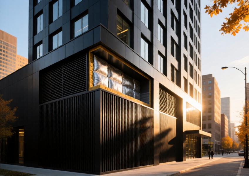 Modern commercial building with matte black aluminum rainscreen cladding at sunset, showing cutaway details of the ventilation and insulation layers.
