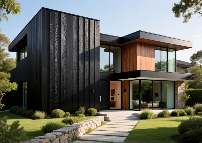 Modern luxury villa with matte black aluminum cladding designed to resemble dark mahogany, blending elegance and durability.