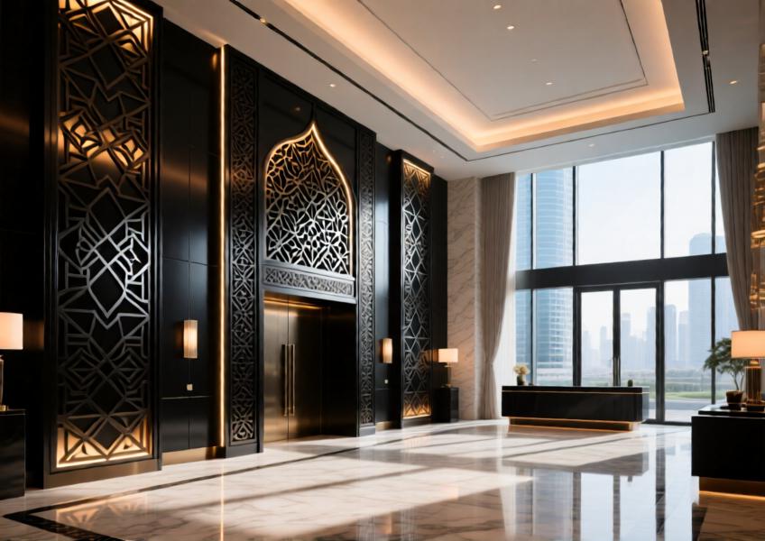 Luxury hotel lobby with matte black aluminum wall panels showcasing geometric Islamic-inspired laser-cut designs, softly illuminated and integrated into a modern marble interior.