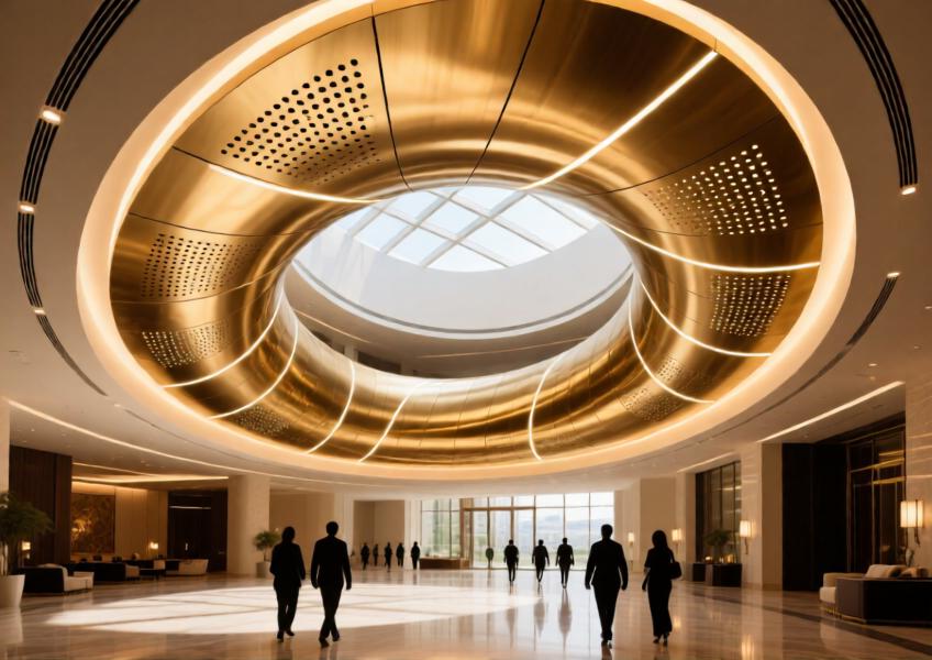 Luxury hotel atrium with gold-anodized curved aluminum ceiling and integrated ambient lighting.