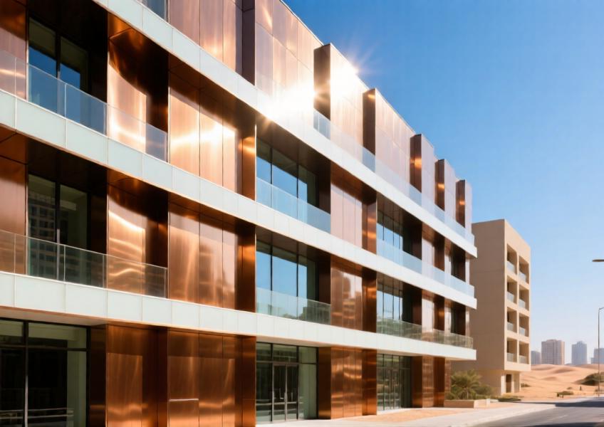 Close-up of a sunlit Dubai façade combining brushed bronze-toned aluminum with translucent glazing for dynamic visual effects.