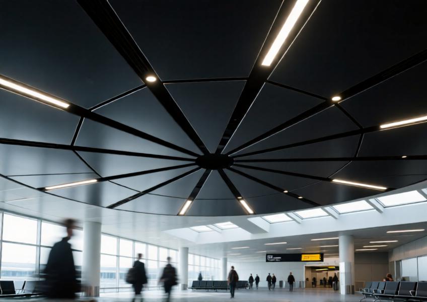 Matte black anodized aluminum ceiling in an airport terminal with geometric design and ambient lighting.
