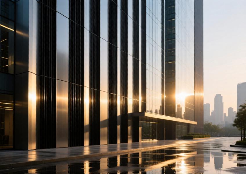 Modern high-rise with matte black anodized aluminum cladding and glass curtain wall at sunset.