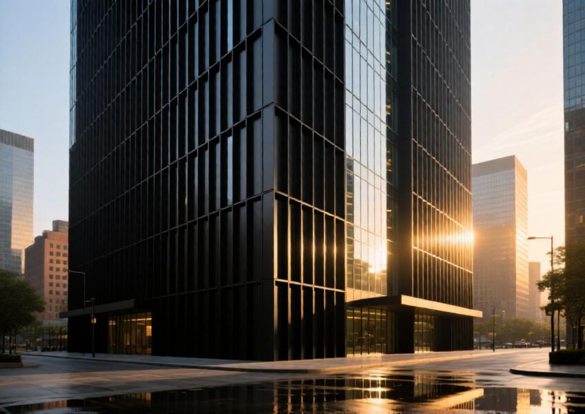 Modern commercial tower with matte black aluminum batten cladding at sunset, showcasing texture, shadow play, and integration with glass.