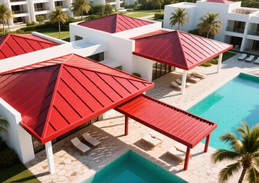 Resort with matte red aluminum ceiling panels under daylight, highlighting color contrast, architectural form, and outdoor integration.