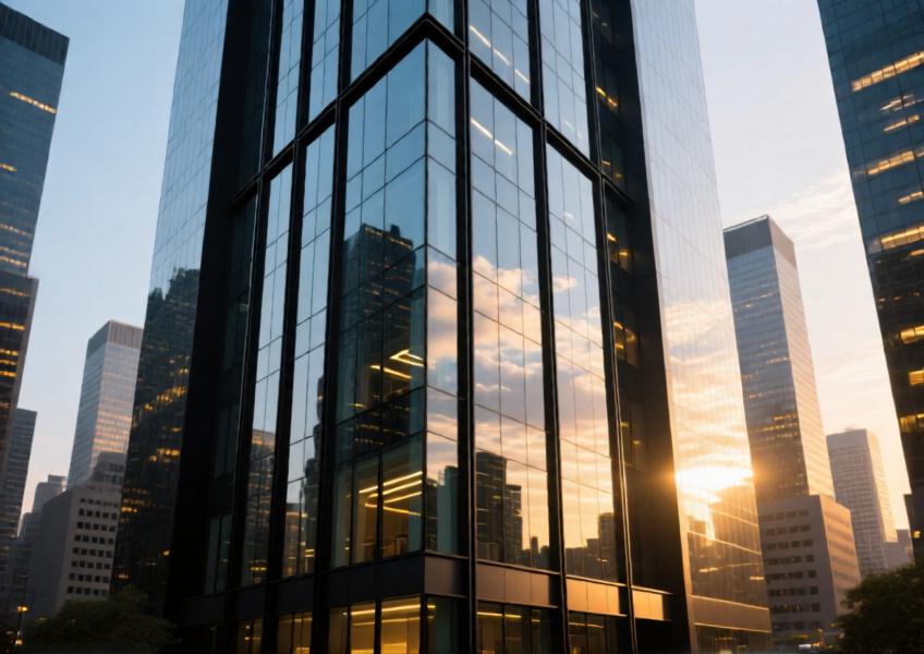Modern commercial high-rise with matte black aluminum curtain wall under golden hour lighting.