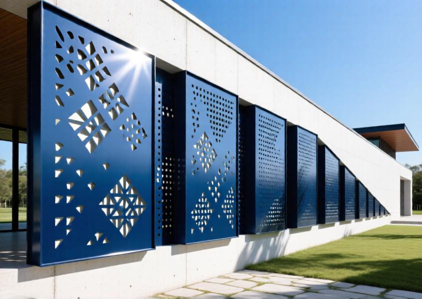 Perforated navy blue aluminum facade panel casting patterned shadows, demonstrating decorative use and solar shading functionality in architectural design.