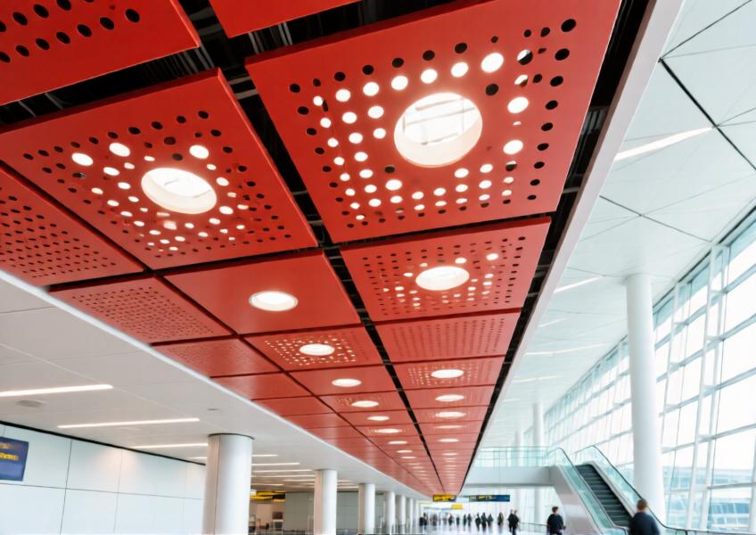 Perforated terracotta red aluminum ceiling in a spacious airport terminal