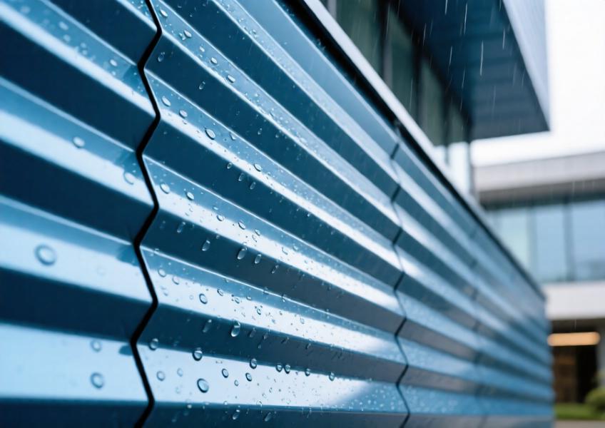 Close-up of anodized blue aluminum batten cladding showing texture, finish details, and water-resistant properties under natural light.