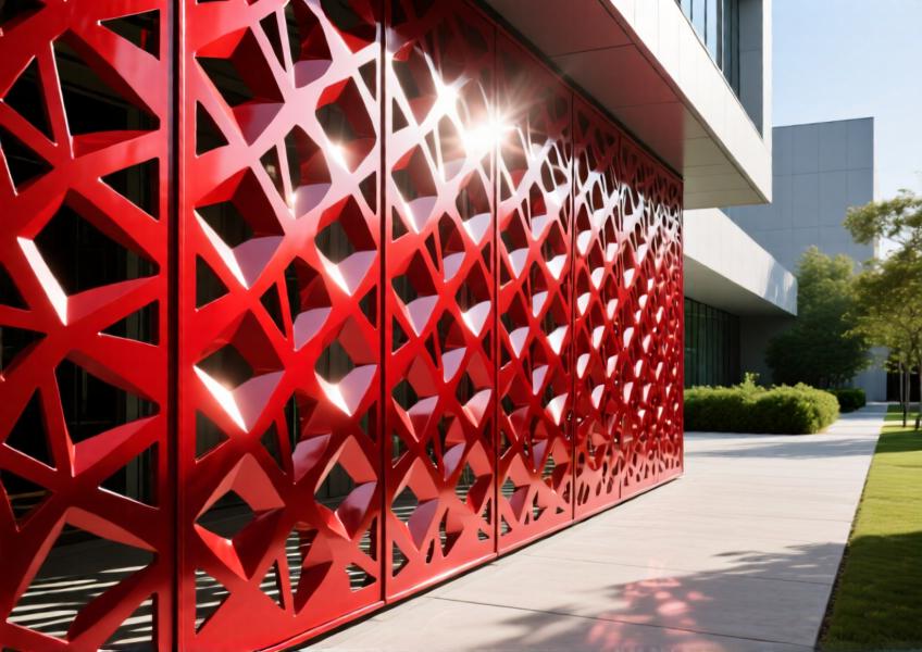 Detailed view of a vibrant red anodized aluminum cladding panel with geometric perforations casting light patterns.