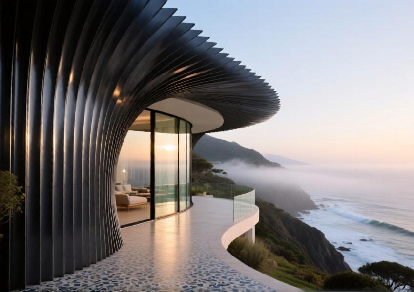 A coastal luxury villa with charcoal grey curved aluminum cladding blending modern design with a dramatic oceanfront setting.