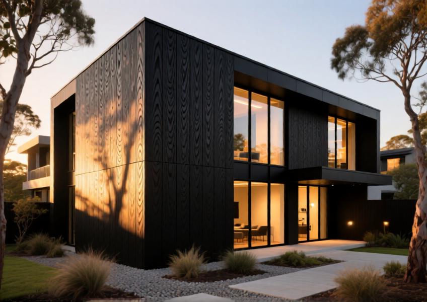 Modern boutique hotel façade with matte black aluminum timber cladding under warm golden-hour lighting