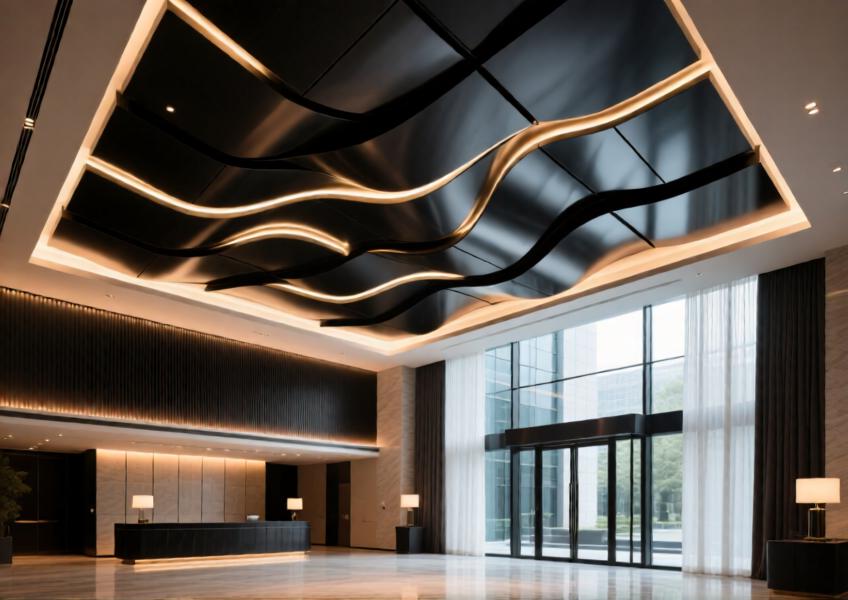 Luxury hotel lobby with a sculptural matte black aluminum ceiling featuring geometric folds and integrated lighting.