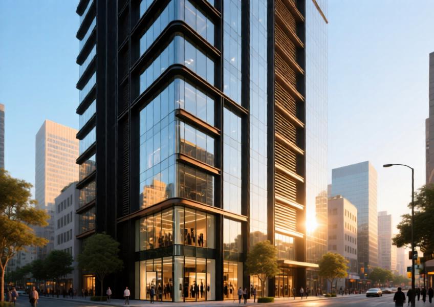 Modern high-rise with energy-efficient matte black and bronze aluminum curtain wall under golden hour lighting.