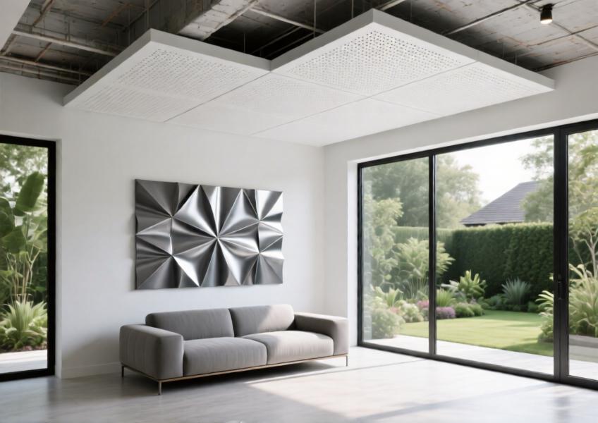 Contemporary interior using white aluminium ceiling panels and a charcoal 3D feature wall, demonstrating aluminium's versatility beyond exterior applications.