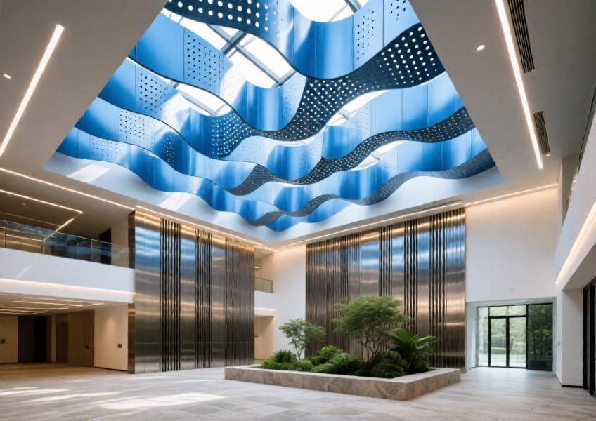 Interior atrium with anodized blue perforated aluminum ceiling and dividers, blending aesthetics, light control, and acoustic performance.