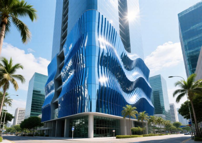 Anodized blue aluminum plank cladding on a Singapore innovation hub creates a reflective, wave-like façade under bright daylight.
