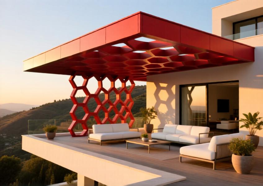 Luxury villa rooftop with vibrant red coated aluminium honeycomb panels at sunset